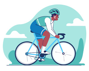 Fototapeta premium Young African Male Cyclist on Racing Bike - Flat Vector Illustration, Full-Length Isolated Athlete with Helmet