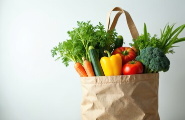 Reusable bag filled fresh, organic produce. Healthy eco lifestyle with fresh vegetables, fruits. Carrot, cucumber, bell pepper, tomato, broccoli, shopping, market, grocery. Sustainable choices.
