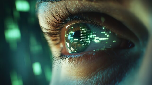 Close-up of human eye with digital holographic overlays, green data visualizations, and blurred face, symbolizing vision, technology, and futuristic innovation.