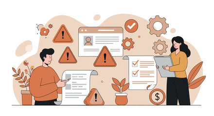 Young caucasian male and female analyzing documents and data amid alert icons and gears vector illustration