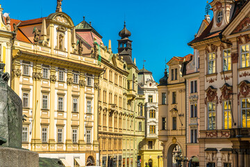 A view down a street leading away from the old town square in central Prague in springtime