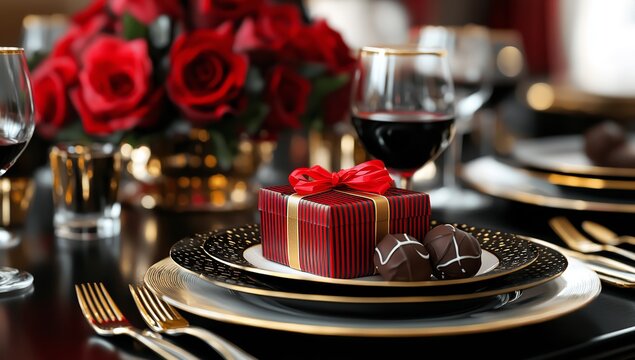 Luxury Holiday Table Setting with Red and Black Decor Featuring Gourmet Chocolates, Roses, and Elegant Glassware – Perfect for New Year Celebrations