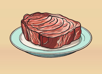 raw steak on a plate cartoon vector illustration