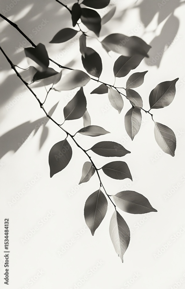 Poster silhouetted leaves create delicate patterns against a light background in a tranquil setting that em