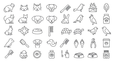 Pet care icons: cats, dogs, birds, rabbits, turtles, grooming, and feeding vector illustration