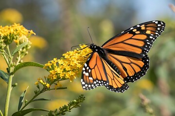 Naklejka premium Monarch butterfly resting on a colorful flower in a garden close up