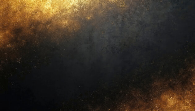 Abstract gold black gradient background with rough texture, glowing light. Grunge wallpaper, artistic modern design, product backdrop, website banner, fire sparks effect.