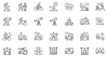 Outdoor activities and adventure icons: hiking, camping, biking, nature, exploration symbols vector illustration