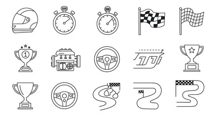 Racing icons: helmet, stopwatch, checkered flag, engine, steering wheel, trophy, track map vector illustration
