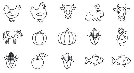 Farm animals and produce line art: chicken, cow, rabbit, corn, pumpkin, grape, fish, apple vector illustration