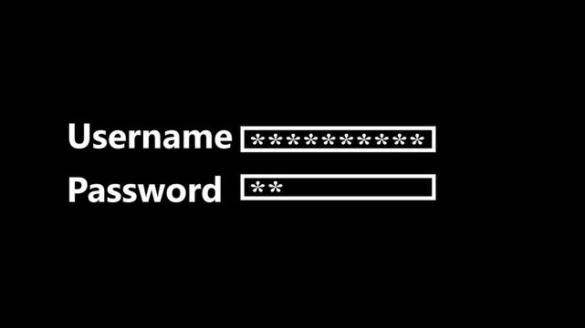 Animation process of entering username and password with access denied screen and check mark on black background.