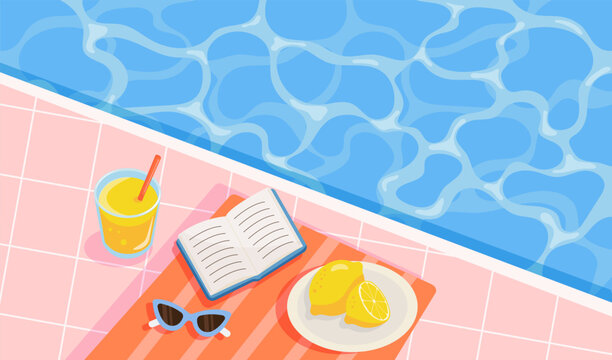 Summer poolside scene with lemon, juice, book and sunglasses. Flat vector illustration for vacation, travel, lifestyle and outdoor design projects.
