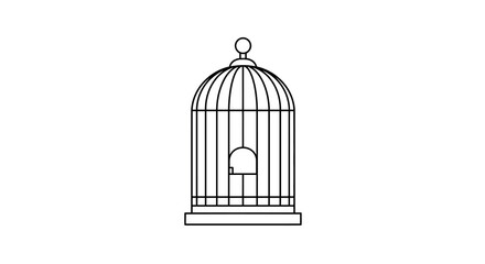 Minimalist empty birdcage design with open door outline in black and white vector illustration