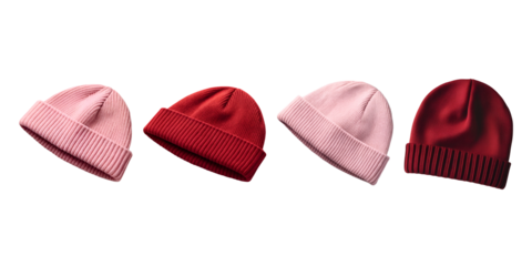 Wool Hats Knitted Maroon and Pink Isolated on Transparent Background