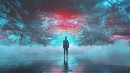 Person in futuristic digital landscape