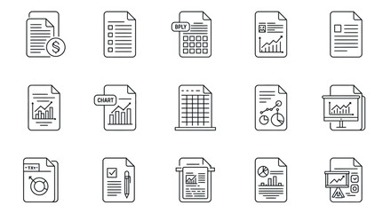 Set of 12 linear business document icons featuring charts and graphs vector illustration