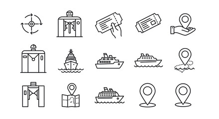 Set of black line icons featuring maps, tickets, and transportation symbols vector illustration
