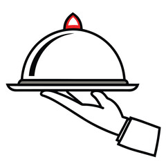 Naklejka premium Restaurant Service Hand Holding a Silver Food Dome, Elegant Culinary Illustration