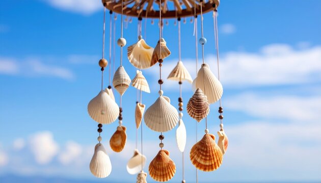 Coastal seashell wind chime swaying gently in the breeze against a bright blue sky backdrop