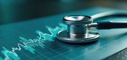 Stethoscope on teal financial graph, upward trend line. Healthcare investment growth, medical tech, or market analysis. Economic progress, business, medicine, health or finance.
