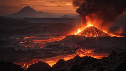 Fototapeta premium Spectacular Volcanic Eruption at Sunset With Flowing Lava and Ash Clouds, Dramatic volcanic eruption scene with fiery lava rivers, thick ash clouds, and glowing ambiance