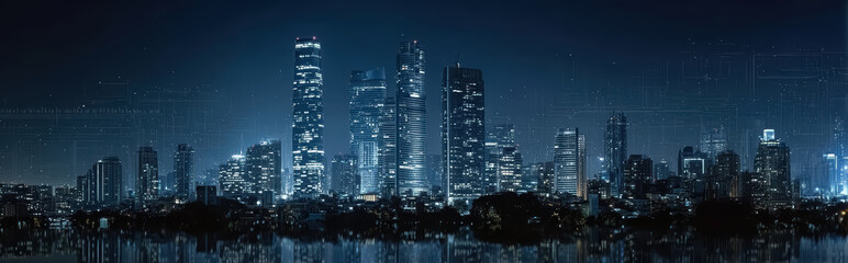 Naklejka premium Abstract neon glowing skyline cityscape background. 