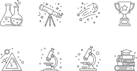 Obraz premium Science icons: beakers, telescope, shooting star, trophy, microscope, books vector illustration
