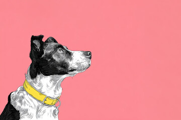 Cute jack russell terrier in a yellow collar on a pink background with copy space for text. 