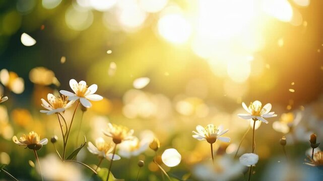 Golden light shines on meadow with wildflowers and flying petals creating a whimsical spring scene