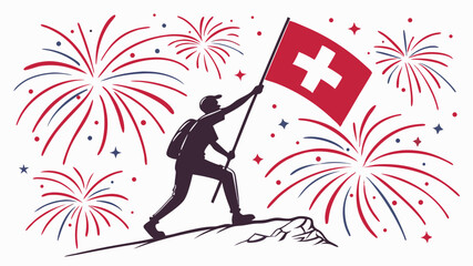 Vector scenes of national day celebration with flags of Kenya, Switzerland, and Burundi alongside vibrant fireworks, for independence day or July 