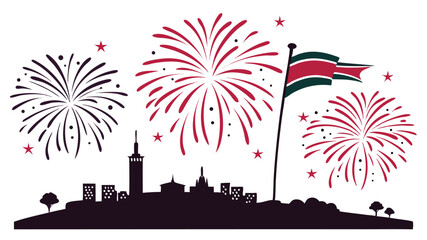 Vector scenes of national day celebration with flags of Kenya, Switzerland, and Burundi alongside vibrant fireworks, for independence day or July events.
