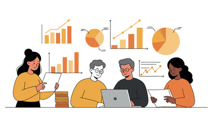 Diverse team analyzing financial data with charts and laptop vector illustration