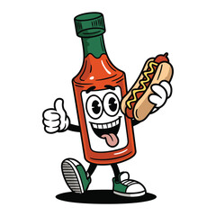 A playful cartoon of a tall glass bottle of hot sauce with big eyes, wearing sneakers
