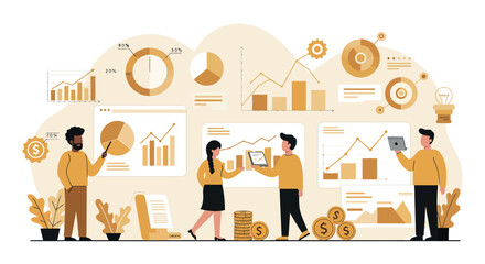 Team collaboration on business analytics with charts and graphs in office environment vector illustration