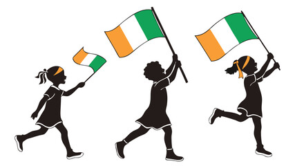 Vector silhouette of people raising the Gabonese flag with pride, ideal for national holidays, patriotic events, and cultural heritage presentations celebrating Gabonese identity.