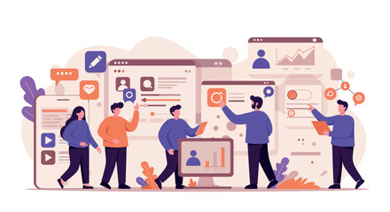 Team collaboration and data analysis in a digital workspace vector illustration