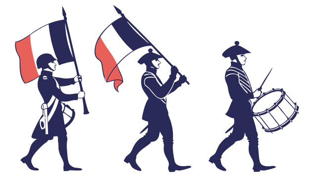 French national day themed vector with revolution-era soldiers and waving tricolor flag, ideal for Bastille Day, patriotism, and France history events. - Powered by Adobe