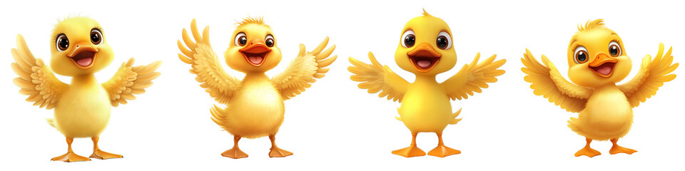 Set of smiling cartoon duckling standing with open wings, isolated on transparent background.