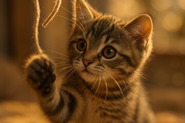 Adorable tabby kitten playing with a string in warm sunlight, close-up of curious cat with bright eyes and striped fur in natural lighting