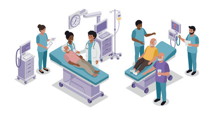 Medical team caring for elderly patients in a hospital setting with equipment and staff interaction vector illustration