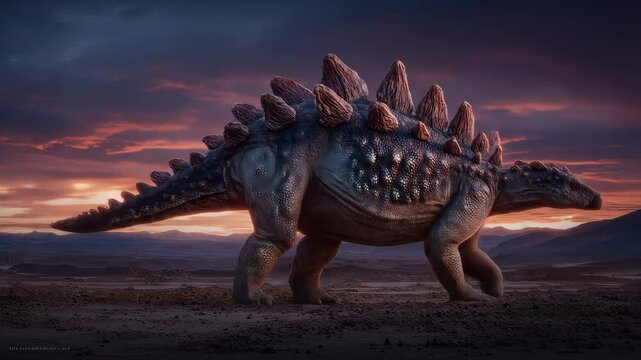 A large stegosaurus stands in a grassy field bathed in the warm light of dusk Its spiked back is prominent against the twilight sky Powerful and majestic