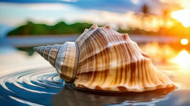 Elegant spiral conch shell reflecting in rippled water against golden sunset near tropical foliage on lake