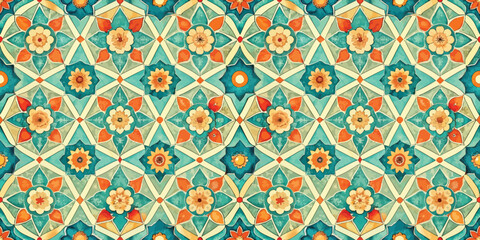 Fototapeta premium Vibrant geometric floral pattern in orange and turquoise tones.