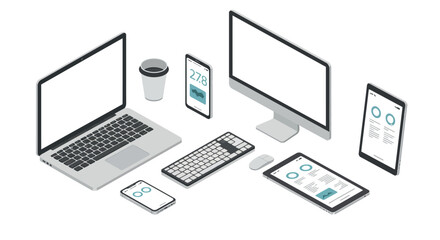 Modern workspace with digital devices including laptop, smartphone, tablet, and coffee cup vector illustration