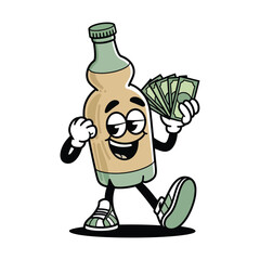 A cheerful, anthropomorphic bottle character with a light green cap and a mix of green and tan coloring on its body is standing upright