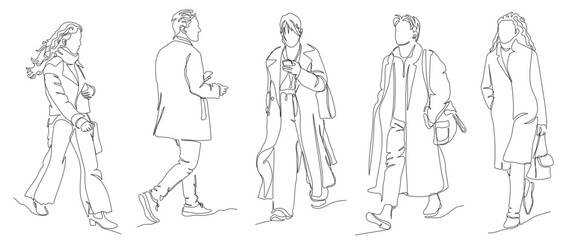 People men and women walking set. Side view. Wear warm clothing. Continuous line drawing elements. Black and white vector illustration in line art style.