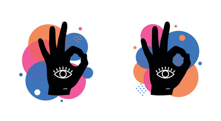 Obraz premium Symbolic hand gestures with eye motif in colorful abstract design vector illustration