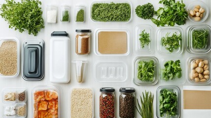 Fresh Ingredients and Spices in Clear Containers for Meal Preparation and Healthy Cooking
