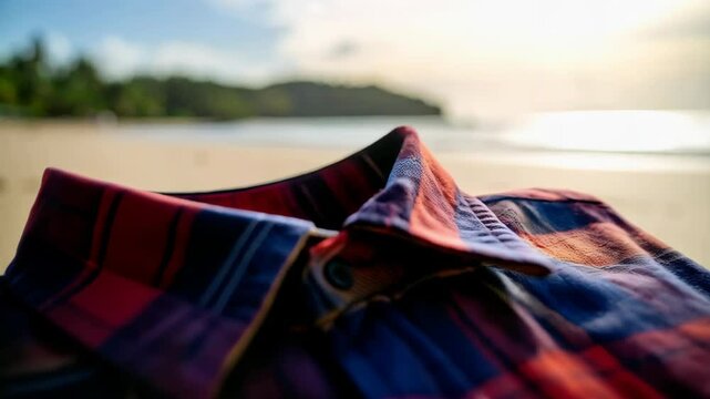 Plaid shirt on a sandy beach with ocean and trees in the background, ready for a tropical vacation.