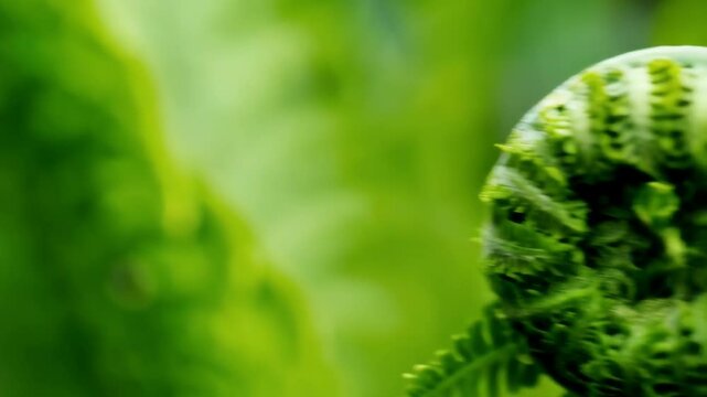 Close-up of a vibrant green fern fiddlehead unfurling in spring, showing intricate patterns and textures against a lush green background.
